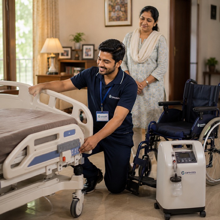 Home-care technician setting up a hospital bed, wheelchair and oxygen concentrator at home