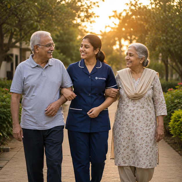 Caregiver walking outdoors at golden hour with a happy elderly couple