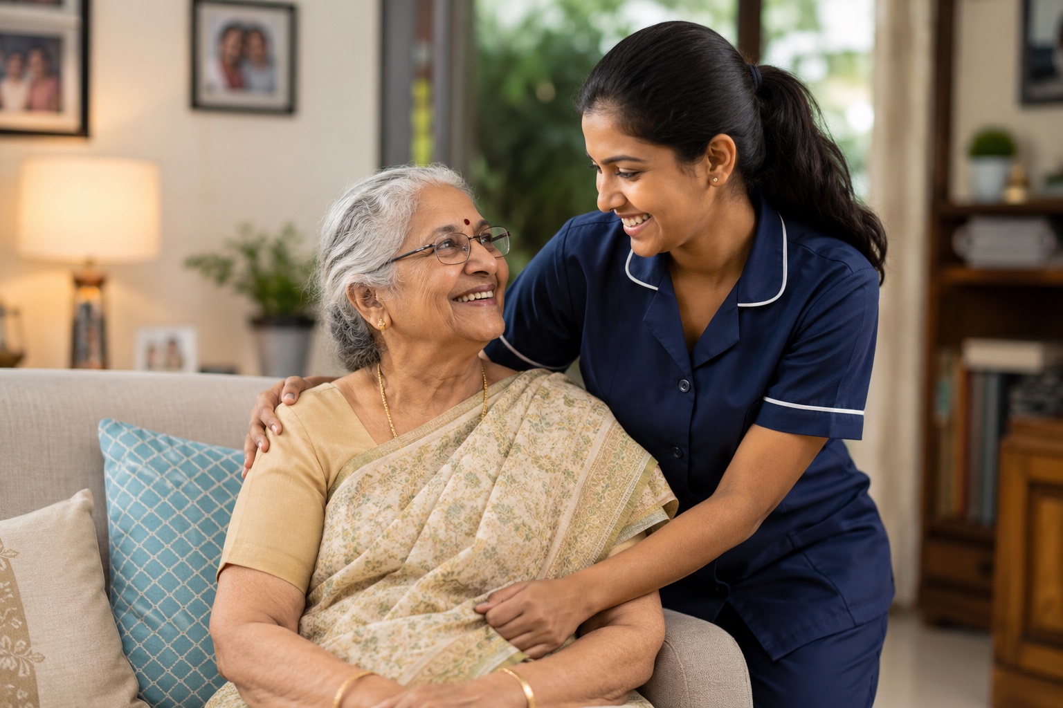 Smiling caregiver in uniform with her arm around an elderly Indian woman in a sari, at home
