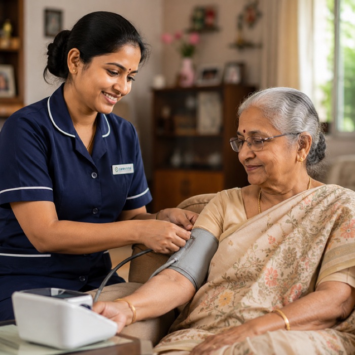 Home nurse checking an elderly woman's blood pressure at home