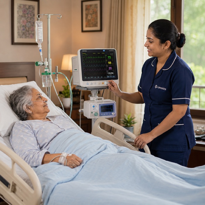 Nurse monitoring an elderly patient in a home ICU setup with hospital bed and vitals monitor