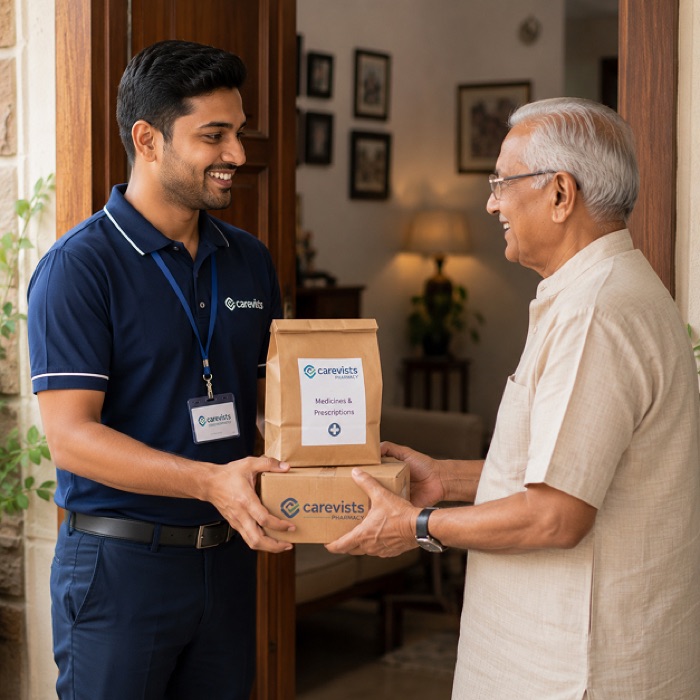 Delivery person handing packaged medicines to an elderly man at his doorstep