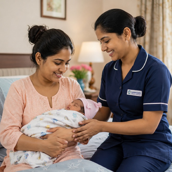 Postnatal nurse supporting a new mother holding her newborn baby