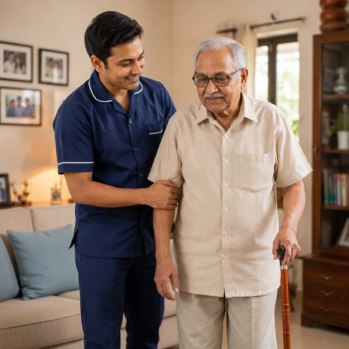 Male caregiver helping an elderly man walk with a cane at home