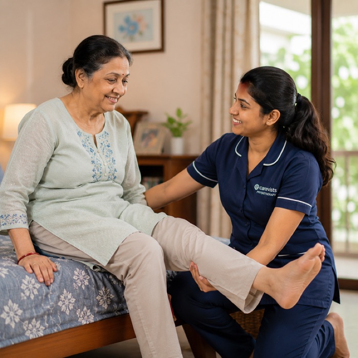 Physiotherapist guiding an elderly woman through a leg rehabilitation exercise at home