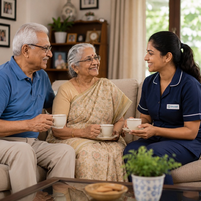 Caregiver sharing tea and chatting with an elderly couple at home